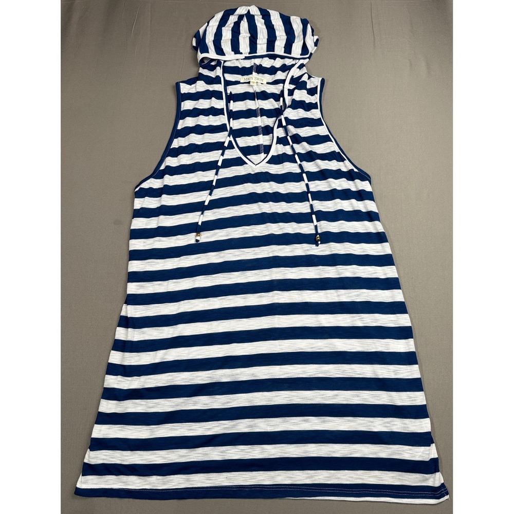 Miken Swim Cover Up Sleeveless‎ Hoodie Striped Blue White Womens 1X